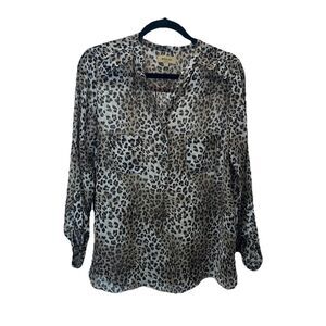 Beulah Animal Print Sheer Roll Tab Sleeve Half Button Top Blouse Womens Size S